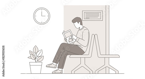 Man reading a magazine while waiting in a waiting room with plants and a clock illustrating patience