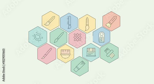 Minimalist Art Supplies Illustration in Pastel Hexagons for Creative Design Projects