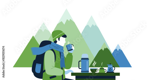 Minimalist Hiker Enjoying a Warm Drink in the Mountains with Thermos and Views