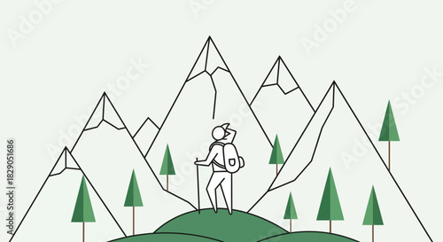 Minimalist illustration of a hiker contemplating a mountain range during an outdoor adventure in