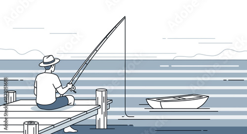 Minimalist illustration of a man fishing on a pier by the sea vector artwork