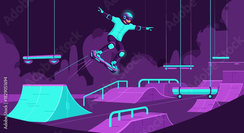 Stylized futuristic skateboarder illustration performing trick at a skatepark ramp action
