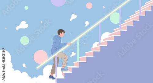 Man climbing stairs, a metaphor for ambition, overcoming challenges and achieving goals in a