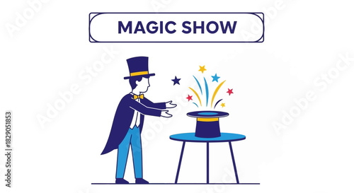 Magician Performing a Magic Trick with Top Hat and Stars in a Show Illustration