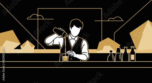Elegant cocktail preparation illustration in modern line art style with pyramids and clouds
