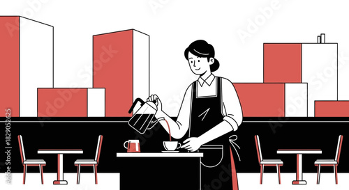 Elegant coffee shop scene with a barista pouring a drink in a minimalist style illustration