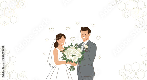 Elegant wedding illustration featuring a bride and groom with white rose bouquet celebration of love