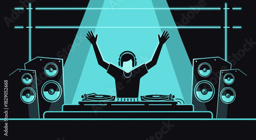 Energetic DJ performance at a vibrant nightclub with neon lights and large speakers