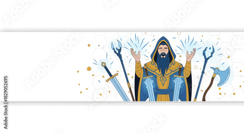 Fantasy wizard with magical staff casting spells in a bright illustration banner