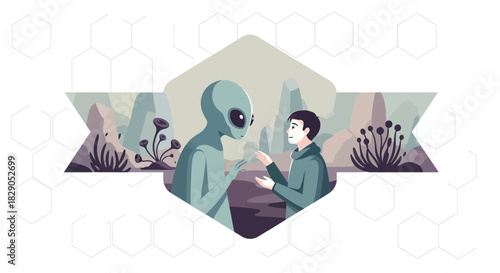 First Contact: A Graphic Illustration of an Alien Meeting a Human in a Distant Land