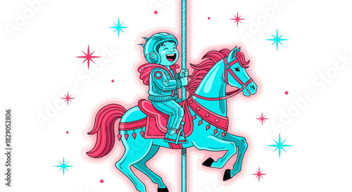 Illustrative delight: A joyful child rides a carousel horse amidst twinkling stars