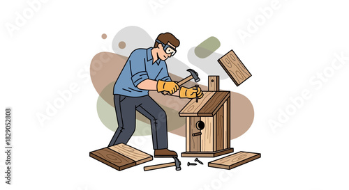 Illustrative handyman building a birdhouse with safety goggles and work gloves on