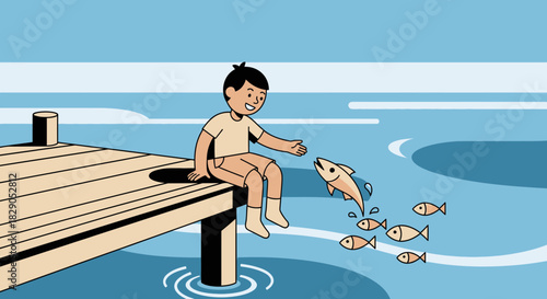 Illustrative scene of a boy fishing with jumping fishes near wooden pier dock
