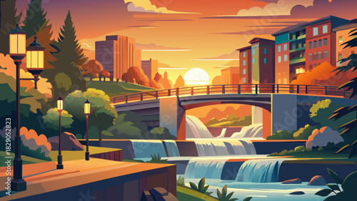 Very beautiful warm sunset light glows over Falls Park, illuminating flowing water, footbridges, and surrounding greenery, creating a peaceful urban nature scene in the heart of downtown Greenville.