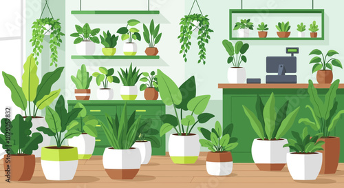 Interior of a plant shop with various potted plants, indoor nature ambiance, and cash register scene