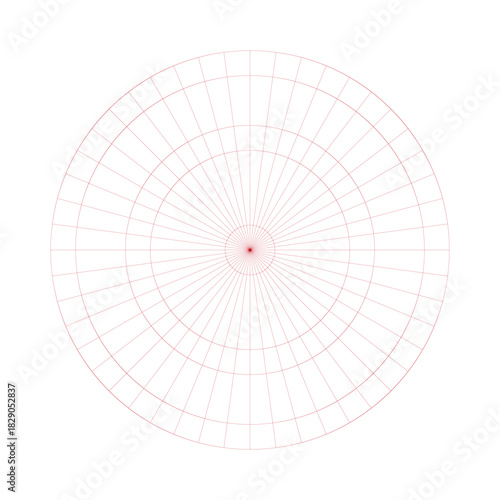 Polar coordinate circular grid isolated on white background. 360 degrees scale. Blank polar graph paper. Vector illustration. Mathematical graph. Lined blank on transparent background.