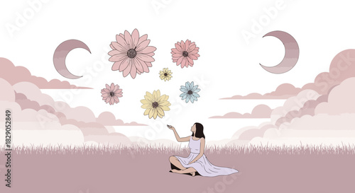 Dreamy woman sitting in a field of flowers under a crescent moon nightscape