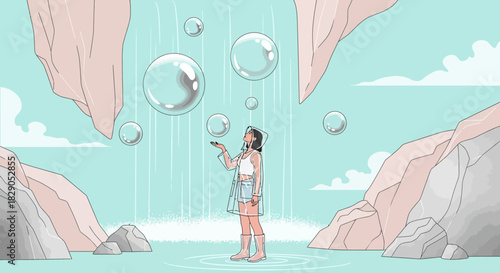 Dreamy illustration of a woman in a raincoat amidst floating bubbles and pastel cliffs