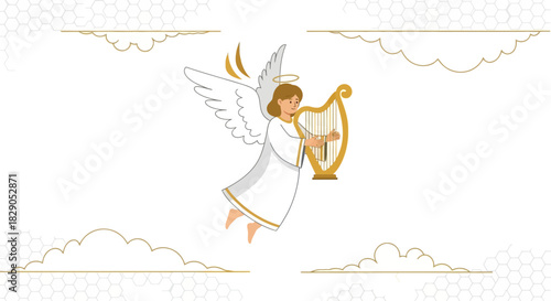 Elegant Cartoon Angel Playing Harp in the Clouds with Golden Details Illustration