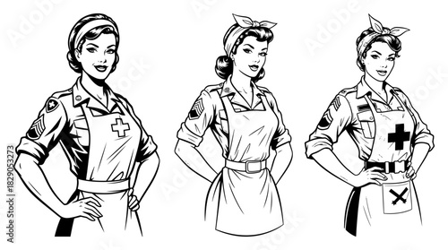 Vintage Army Nurse Pin up Character Set Retro Military Medic Vector Illustration