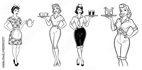 Retro Waitress and Housewife Pin up Girl Set Vintage 1950s Woman Character Illustration