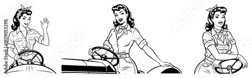 Vintage Pinup Tractor Girl Set Retro 1950s Monochrome Vector