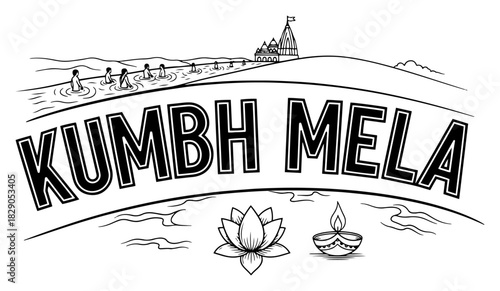 Kumbh Mela Holy Dip Scene with Pilgrims Bathing in Ganga River Vector Illustration