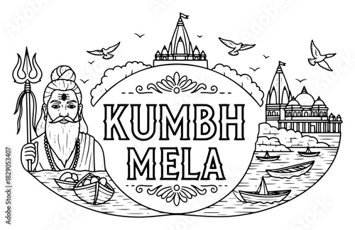 Kumbh Mela Festival Scene with Sadhu and Temples Hand Drawn Vector Illustration Badge
