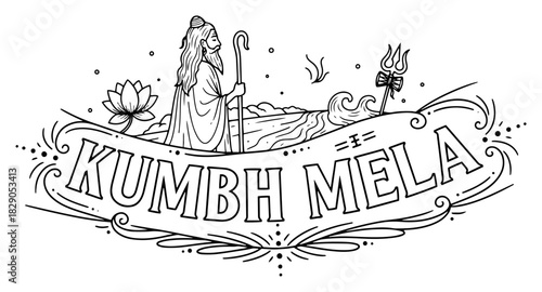 Kumbh Mela Banner Typography With Pilgrim Ganges River And Trishul Outline Vector