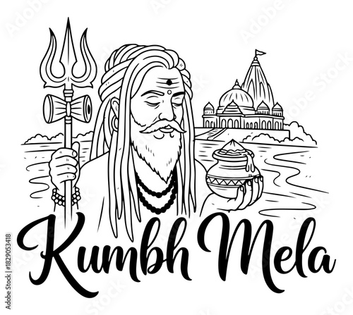 Kumbh Mela Sadhu With Trishul Temple And Ganges River Monochrome Vector Emblem
