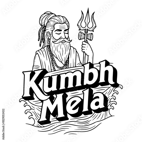Fototapeta Kumbh Mela Sadhu Emblem With Trishul Waves And Bold Lettering Monochrome Vector
