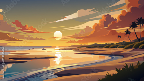 Very beautiful golden sunset colors reflect across the calm shoreline of Hilton Head Island, creating a serene coastal atmosphere with gentle waves, soft sands, and warm evening light.