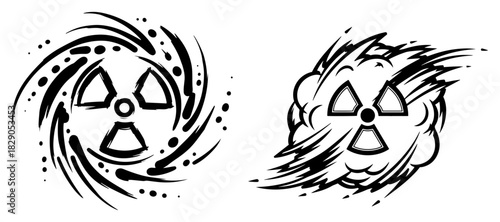 Hand Drawn Radiation Symbol Set Grunge Nuclear Hazard Sign with Swirl and Explosion Effect