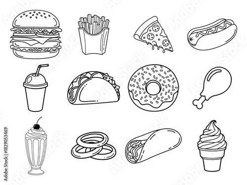 Fast Food Doodle Icon Set Hand Drawn Junk Food Collection