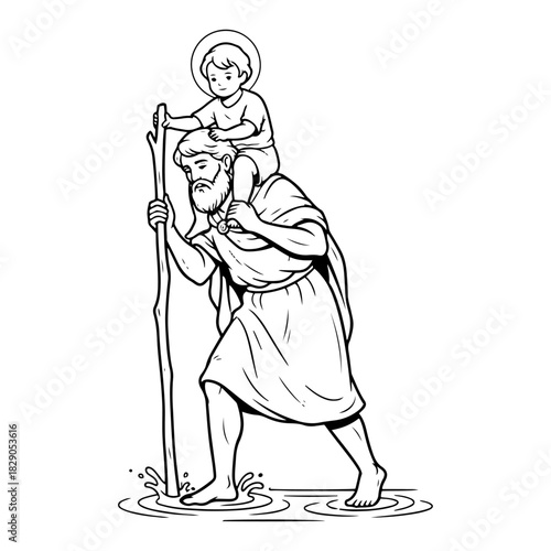 Saint Christopher Carrying Christ Child Christian Religious Illustration