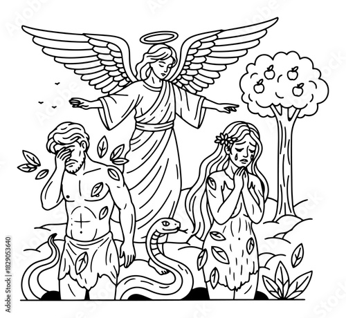 Expulsion From Eden Adam And Eve With Angel And Serpent Biblical Outline Vector Scene