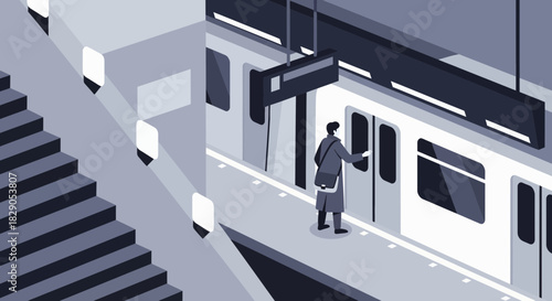 Isometric illustration featuring a commuter boarding a subway train at the station