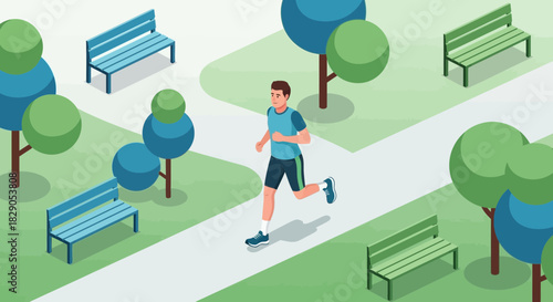 Isometric illustration of a man jogging in a park with benches and trees creating a peaceful and