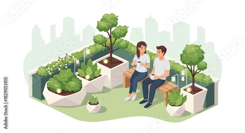 Isometric illustration of a couple relaxing on a rooftop garden with city view