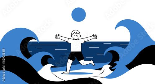 Joyful beach day vector illustration of a boy running on the beach surrounded by waves with open