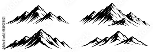 Mountain Range Silhouettes Alpine Peaks Landscape Badges Monochrome Vector Set