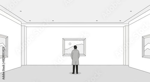 Minimalist Line Art Illustration of a Person Viewing Art in a Gallery Setting