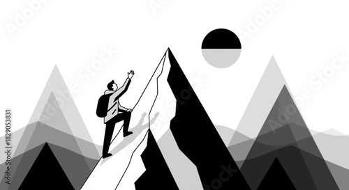 Monochromatic illustration of a climber ascending a mountain towards the sky with sun