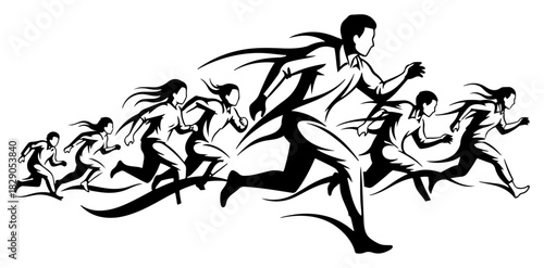 Runners In Motion Dynamic Team Sprint Athletics Silhouette Monochrome Vector Illustration