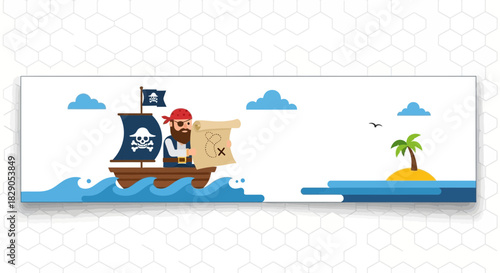 Pirate on a ship searching for treasure using map on tropical island adventure cartoon banner