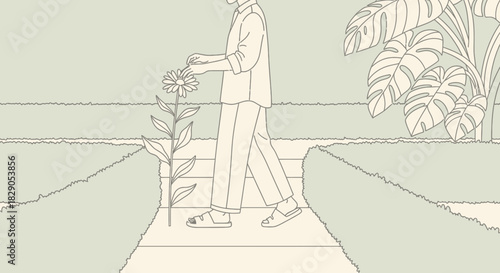Minimalist illustration of a person strolling in a garden, admiring a daisy blossom in a serene
