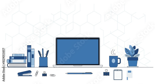 Minimalist workspace illustration with laptop, books, mug, and stationery on white background