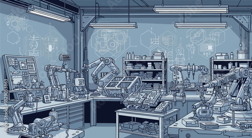 Robotic Factory with Automated Production and Engineering Design Backdrops in Blue Tones Depiction