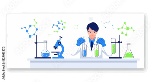Scientist conducting research in a laboratory, surrounded by scientific equipment and molecular