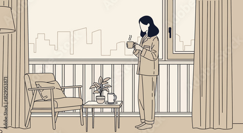 Serene morning contemplation woman enjoying coffee at home with city view drawing